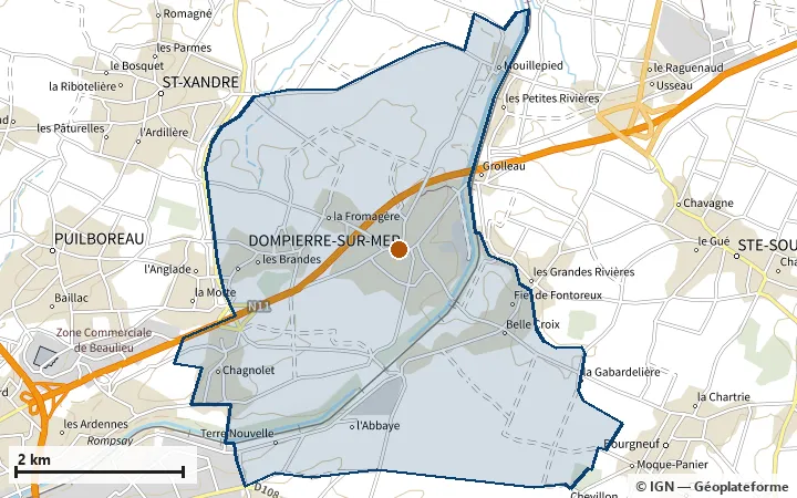 Plan de Dompierre-sur-Mer, avec les limites de la zone et son centre