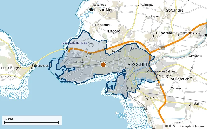 Plan de La Rochelle, avec les limites de la zone et son centre