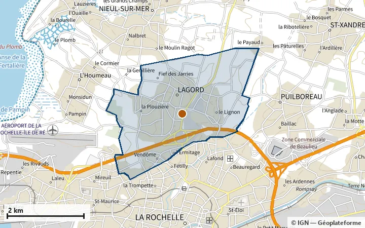 Plan de Lagord, avec les limites de la zone et son centre