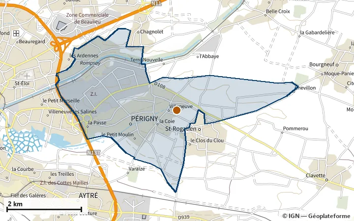 Plan de Périgny, avec les limites de la zone et son centre