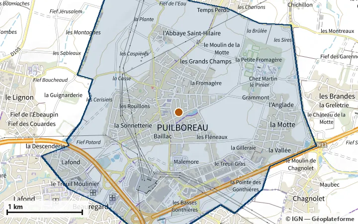 Plan de Puilboreau, avec les limites de la zone et son centre