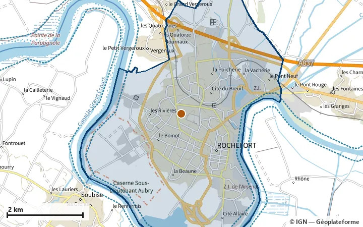 Plan de Rochefort, avec les limites de la zone et son centre