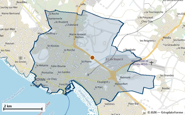 Plan de Royan, avec les limites de la zone et son centre