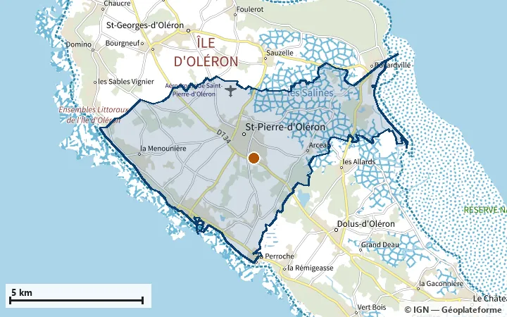 Plan de Saint-Pierre-d'Oléron, avec les limites de la zone et son centre