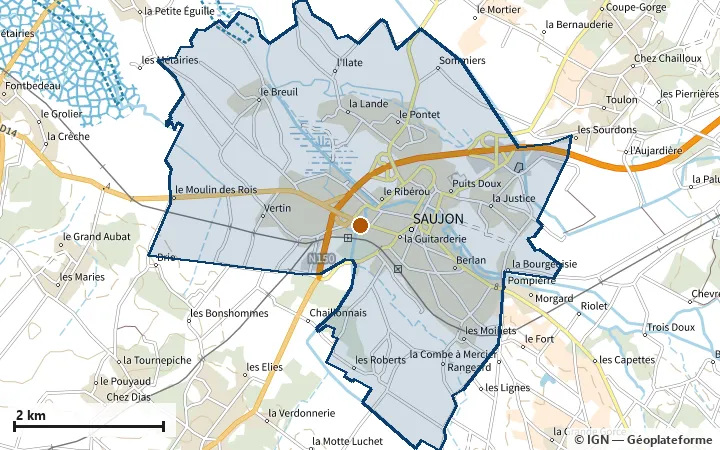 Plan de Saujon, avec les limites de la zone et son centre