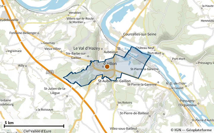 Plan de Gaillon, avec les limites de la zone et son centre