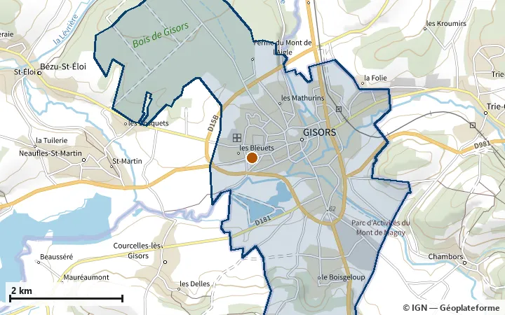 Plan de Gisors, avec les limites de la zone et son centre