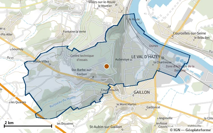 Plan du Val d'Hazey, avec les limites de la zone et son centre