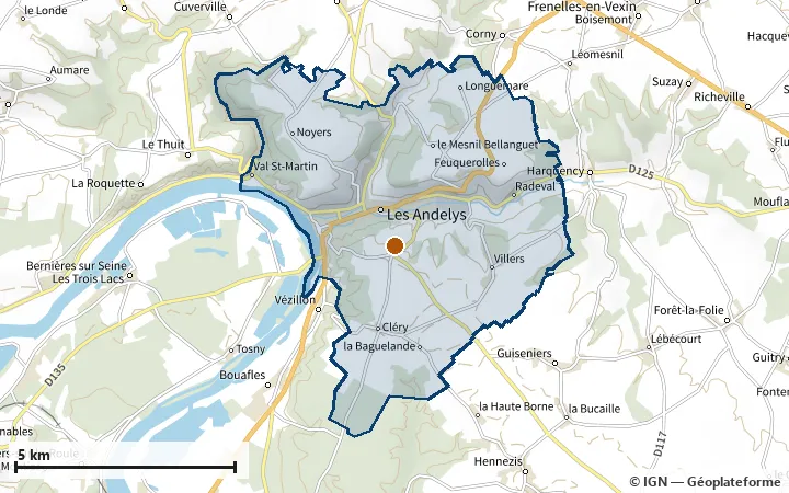 Plan des Andelys, avec les limites de la zone et son centre