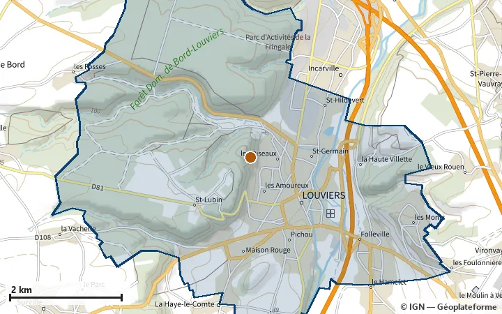 Plan de Louviers, avec les limites de la zone et son centre