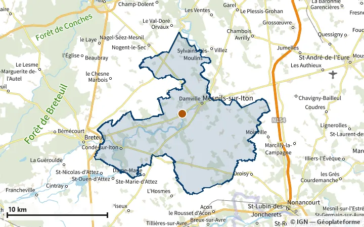 Plan de Mesnils-sur-Iton, avec les limites de la zone et son centre
