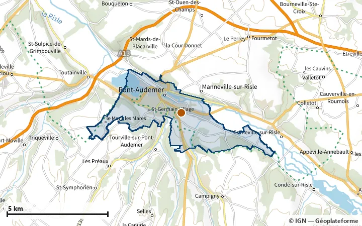 Plan de Pont-Audemer, avec les limites de la zone et son centre