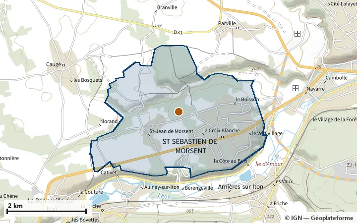 Plan de Saint-Sébastien-de-Morsent, avec les limites de la zone et son centre