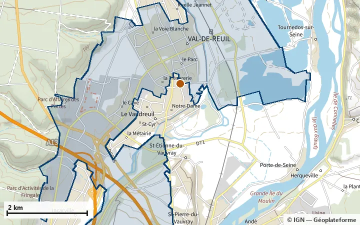 Plan de Val-de-Reuil, avec les limites de la zone et son centre