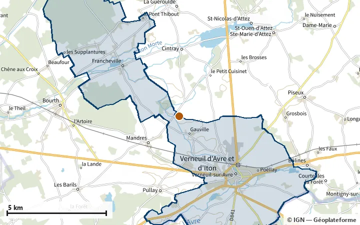 Plan de Verneuil d'Avre et d'Iton, avec les limites de la zone et son centre