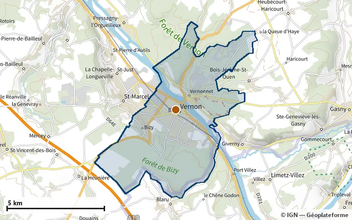 Plan de Vernon, avec les limites de la zone et son centre