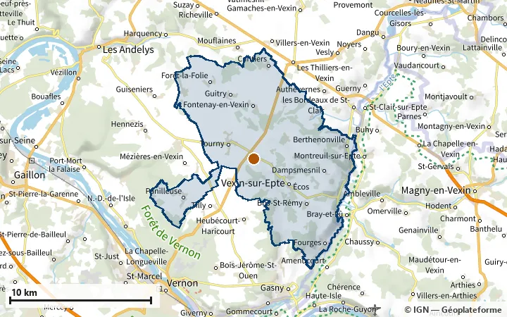 Plan de Vexin-sur-Epte, avec les limites de la zone et son centre