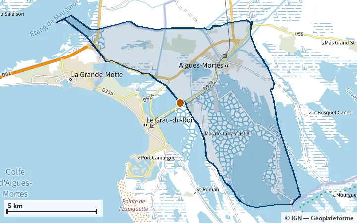 Plan d'Aigues-Mortes, avec les limites de la zone et son centre