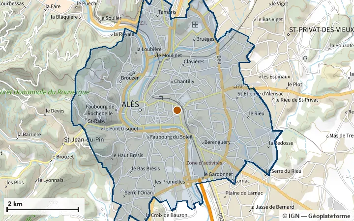 Plan d'Alès, avec les limites de la zone et son centre