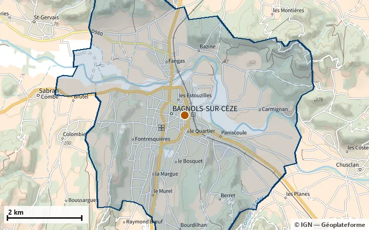Plan de Bagnols-sur-Cèze, avec les limites de la zone et son centre