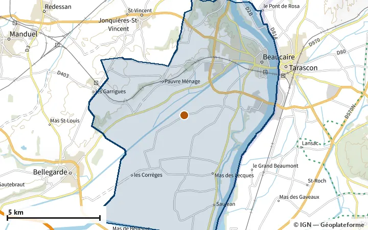 Plan de Beaucaire, avec les limites de la zone et son centre
