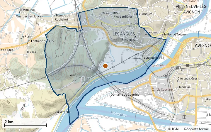 Plan des Angles, avec les limites de la zone et son centre