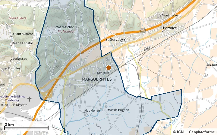 Plan de Marguerittes, avec les limites de la zone et son centre