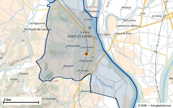 Plan de Pont-Saint-Esprit, avec les limites de la zone et son centre