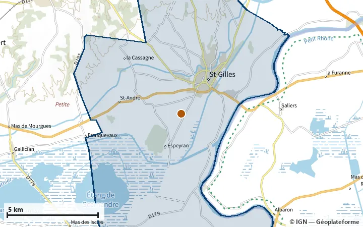 Plan de Saint-Gilles, avec les limites de la zone et son centre