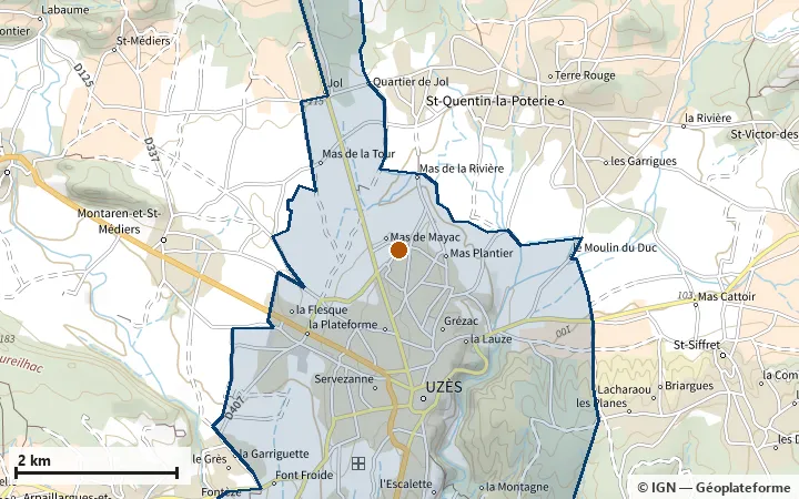 Plan d'Uzès, avec les limites de la zone et son centre