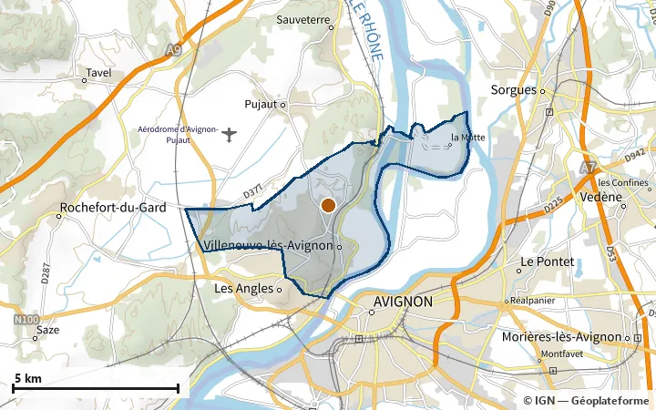 Plan de Villeneuve-lès-Avignon, avec les limites de la zone et son centre