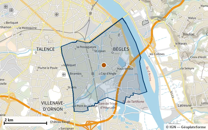 Plan de Bègles, avec les limites de la zone et son centre