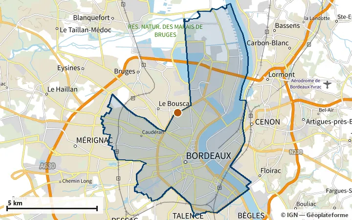 Plan de Bordeaux, avec les limites de la zone et son centre