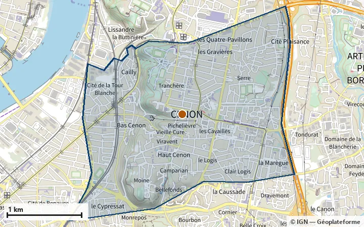 Plan de Cenon, avec les limites de la zone et son centre
