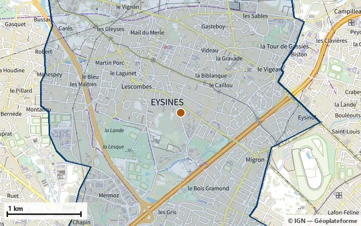 Plan d'Eysines, avec les limites de la zone et son centre