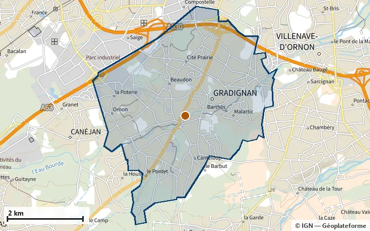 Plan de Gradignan, avec les limites de la zone et son centre
