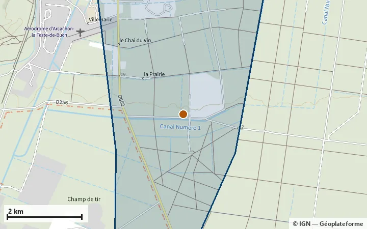 Plan de Gujan-Mestras, avec les limites de la zone et son centre