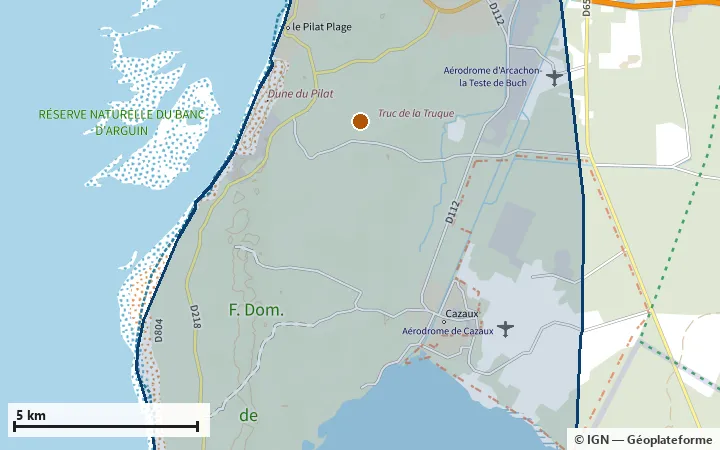 Plan de La Teste-de-Buch, avec les limites de la zone et son centre