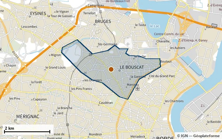 Plan du Bouscat, avec les limites de la zone et son centre