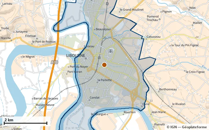 Plan de Libourne, avec les limites de la zone et son centre
