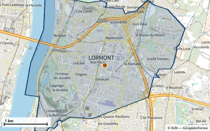 Plan de Lormont, avec les limites de la zone et son centre