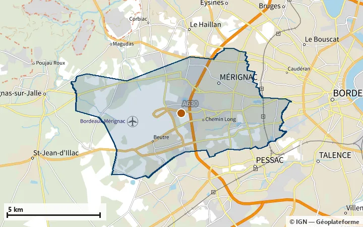 Plan de Mérignac, avec les limites de la zone et son centre