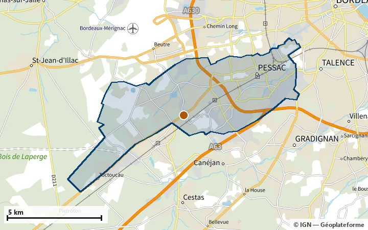 Plan de Pessac, avec les limites de la zone et son centre