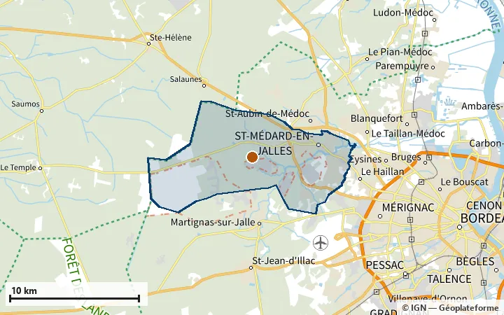 Plan de Saint-Médard-en-Jalles, avec les limites de la zone et son centre