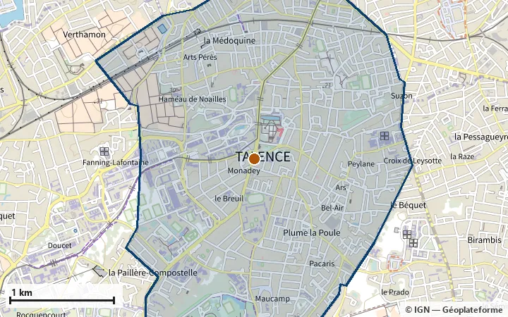 Plan de Talence, avec les limites de la zone et son centre