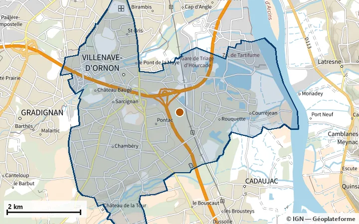 Plan de Villenave-d'Ornon, avec les limites de la zone et son centre