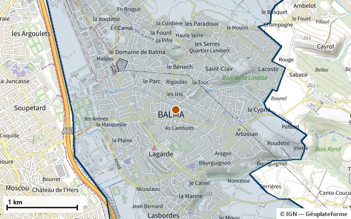 Plan de Balma, avec les limites de la zone et son centre
