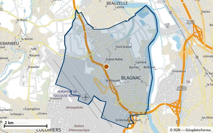 Plan de Blagnac, avec les limites de la zone et son centre