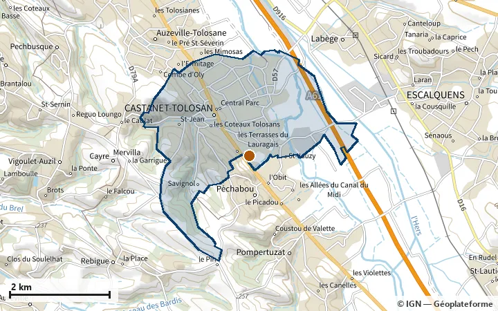 Plan de Castanet-Tolosan, avec les limites de la zone et son centre