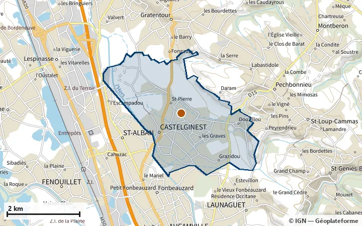 Plan de Castelginest, avec les limites de la zone et son centre